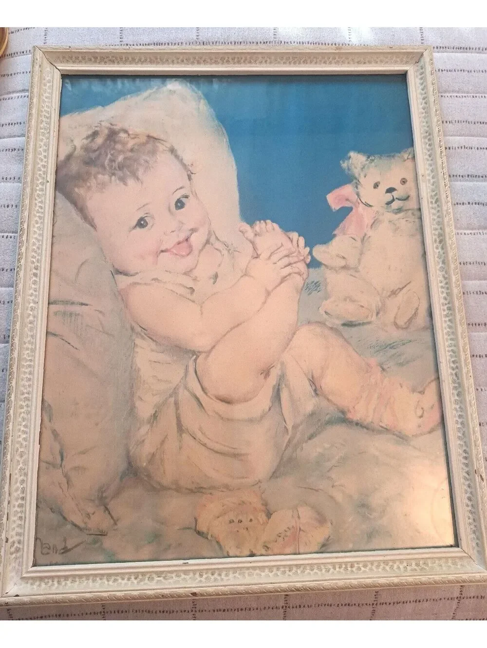 Vintage 1930's Framed Pastel Baby Lithograph by Artist Maud Tousey Fangel